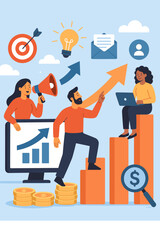Business teamwork on marketing strategy for company growth and profit. People climbing a financial graph. Concept of digital advertising, development, and achieving success goals.