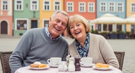 A happy elderly couple enjoying coffee and pastries together at an outdoor café, with colorful European buildings in the background.