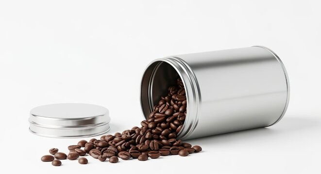 A stainless steel container with roasted coffee beans spilling out onto a white surface, highlighting freshness and rich aroma.
