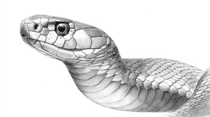 Close-up grayscale illustration of a snake's head and neck