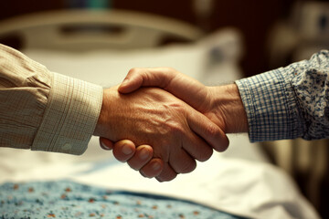 Two people shake hands over a hospital bed with focus on their hands. Concept of agreement, trust, cooperation. For business or healthcare cooperation photo
