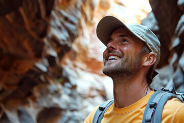 Smiling man in a cap and backpack looks up in a sunlit rocky canyon. Concept of adventure and exploration. For outdoor activity promotion.