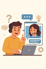 Customer service illustration of a man on a laptop receiving online technical support. A female call center agent or operator helps a client with questions find a solution. Vector helpdesk.