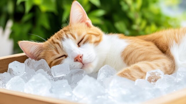 Orange and white cat sleeps peacefully on a bed of ice, enjoying the coolness on a hot day.