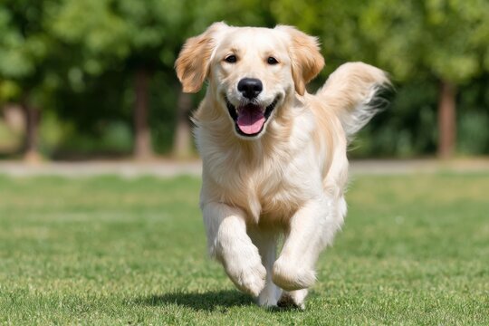 A Golden Retriever running happily on a green lawn, tongue out, tail wagging, enjoying the outdoors.