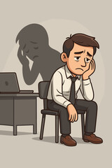 Depressed office worker with sad shadow representing anxiety, stress, and burnout. Mental health concept of a tired businessman. Psychology metaphor for emotional exhaustion.