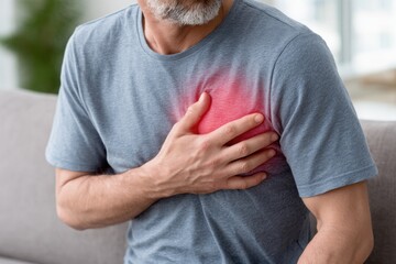 Close-up of a man clutching his chest, experiencing discomfort and possible heart problems, indicated by a red highlight over his heart.