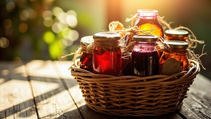 A wicker basket holds several jars of fruit preserves in vibrant shades of red and orange. The jars are sealed with metal lids and tied with twine, placed on a wooden surface with warm 