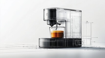 Coffee machine prepares espresso in a modern kitchen setting with intricate design elements and a minimalist aesthetic