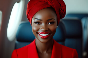 A person in a red outfit and headwrap smiles inside an airplane by a window. Concept of travel and joy. For travel advertisement