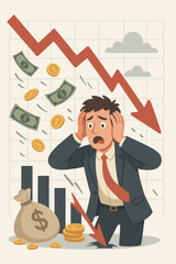 Financial crisis. Stock market crash. Stressed businessman in panic from money loss. Economic recession. Investment risk concept. Trader failure. Red arrow graph down. Bankruptcy.