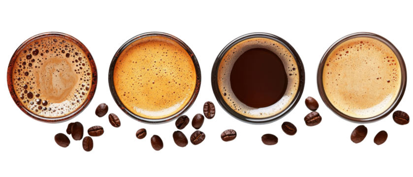 Awakening Fresh Aroma of Coffee Beans Delight on transparent background. cut flower elements, garden themed designs. Top view high quality PNG." design elements, top view / flat lay.