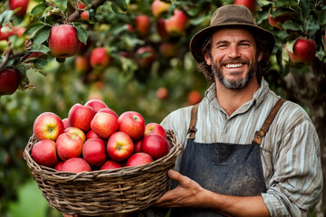 Smiling farmer in a hat holding a basket of red apples in an orchard. Concept of harvest, agriculture, and happiness. For promoting farming and fresh produce
