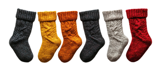 Cozy Winter Hand-Knitted Woolen Socks Delight on transparent background. cut flower elements, garden themed designs. Top view high quality PNG." design elements, top view / flat lay.