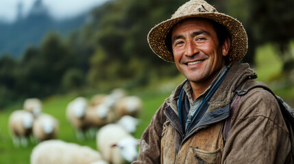Man in a straw hat smiling, standing in a green field with sheep in the background. Concept of pastoral life and rural happiness. For illustrating rural lifestyle.