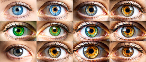 Fototapeta premium Twelve human eyes with distinct iris colors, arranged in a striking composition. A vivid representation of diversity, individuality, and the beauty of human variation.