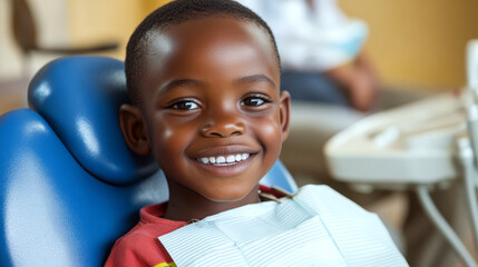 A child sits in a dental chair, smiling brightly, wearing a bib. Concept of dental care, health, happiness. For dental care promotion.