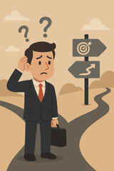 Obraz premium Confused Businessman Decision Making at Career Crossroads. Ambiguous Goals. Uncertainty, Career Path Choice Dilemma, Direction, Opportunity, Business Challenges Concept. Vector Illustration
