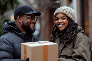 A man and woman smile at each other outdoors, holding a cardboard box. Concept of delivery, friendship, happiness. For relationship photos.