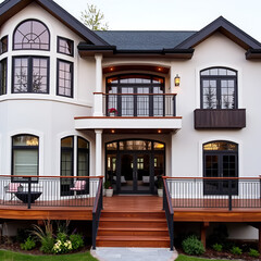 Luxury house exterior with large wooden walkout deck