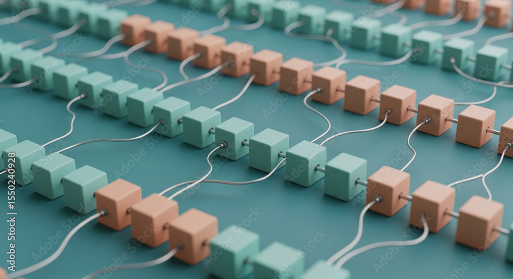 Poster abstract image of pastel cubes connected by thin wires, arranged in wavy rows on teal background, sy