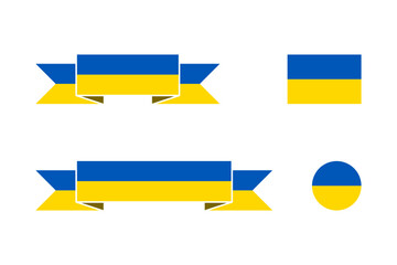 Set of Ukrainian Flag or Flag of Ukraine including Short and Long Folded Ribbon Banner Style, Standard Plain and Round Shapes. Vector Image.