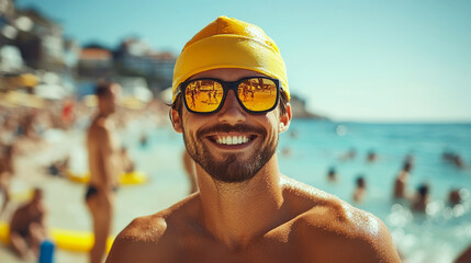 Smiling man wearing a yellow swim cap and reflective sunglasses on a sunny beach with people in the background. Concept of summer and leisure. For travel promotion.