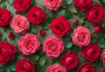 Natural fresh red roses flowers pattern wallpaper. top view, Red rose flower wall background