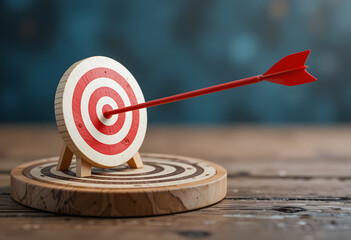 Precision Marketing Concept, Red Arrow Hitting Center of Target on Wooden Platform, Strategic Business Goal Achievement Visualization, Business Wooden Cubes