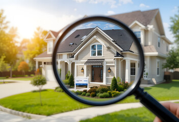 Searching new house for purchase. Rental housing market. Magnifying glass near residential building