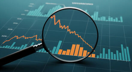 Magnifying glass focuses on a downward trending bar graph, overlaid on a larger chart showing both upward and downward trends, symbolizing financial analysis and market decline