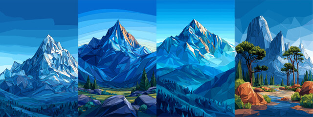 Obraz premium Stunning Geometric Mountain Landscape Illustrations in Vibrant Blue Tones
