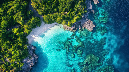 Aerial view of tropical island with clear turquoise water