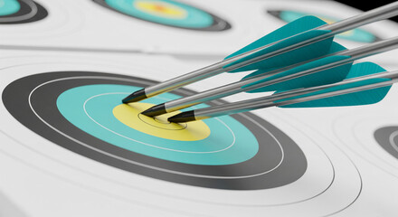 Three teal arrows hitting bullseye on archery target, symbolizing accuracy, precision, and goal achievement in business or marketing