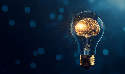 Glowing brain inside lightbulb on dark blue bokeh background