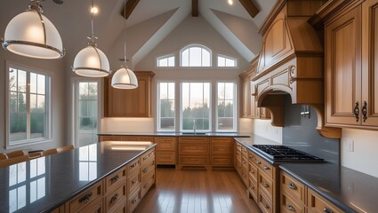 Modern Wood Kitchen &ndash; Pendant Lights Over Spacious Island Design