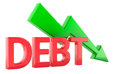 Debt reduction concept with green downward arrow, 3D rendering isolated on transparent background