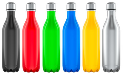 Colorful stainless steel insulated bottles, set of steel thermo bottles for sports or travel. 3D rendering isolated on transparent background