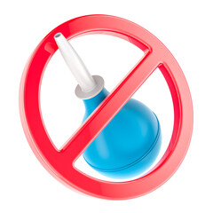 Prohibition sign with blue enema bulb syringe. 3D rendering isolated on transparent background
