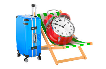 Time for vacation, concept. Suitcase and alarm clock on deck chair, 3D rendering isolated on transparent background