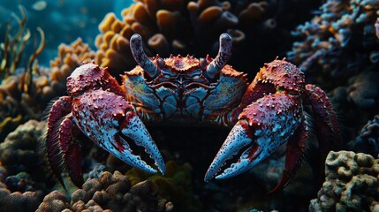 Obraz premium Colorful crab navigating through vibrant coral reefs in tropical waters during a sunny day