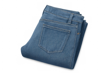 Folded blue denim pants revealing intricate seams and textured fabric against clean background