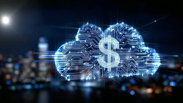 Cloud computing architecture with dynamic pricing models illustrated, including CPU, storage, and bandwidth optimization for reducing operational costs through efficient management