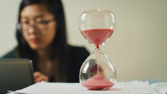 A woman works on a laptop with an hourglass in front of her on a desk with papers scattered around
