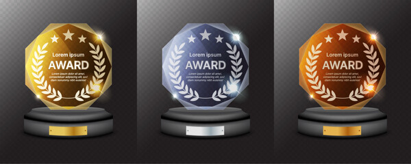 Gold, Silver, and Bronze Glass Trophy Set – Realistic Crystal Award Plaques with Laurel Wreath on Pedestal for Winner Prize and Achievement Recognition. Vector.