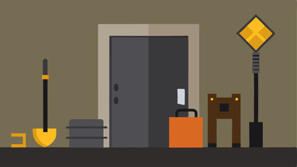 Breaching Equipment An array of tactical tools laid out on the ground beside the door such as a battering ram crowbar and ting tools ready for use.