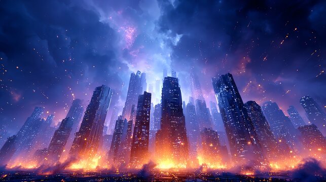 abandoned futuristic cityscape in ruins after alien invasion, smoldering skyscrapers, glowing debris and ash in the air, cinematic lighting with dark clouds