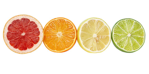 Citrus fruit slices row grapefruit orange lemon lime isolated on transparent background