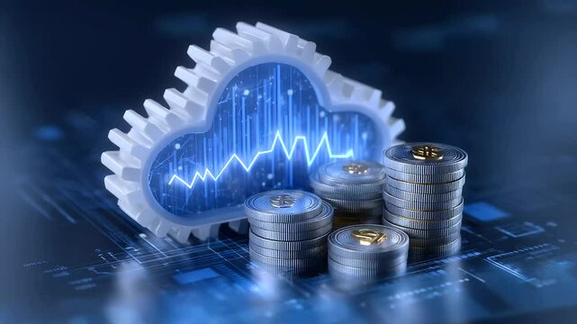 Illustration of a cloud computing setup, highlighting cost-efficient strategies such as auto-scaling, load balancing, and resource pooling for optimized resource usage