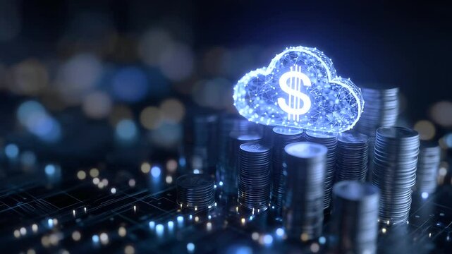 Illustration of a cloud infrastructure with a focus on cost savings from efficient virtual machines, automated scaling, and precise usage tracking for accurate billing